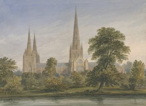 Katedrála Lichfield - South East View: malba vodovými barvami, nd [?1842] od John Buckler