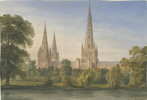 Katedrála Lichfield - South South East View: malba vodovými barvami, 1842 od John Buckler