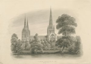 Katedrála Lichfield - jižní pohled: sépiová kresba, 1841 od John Buckler