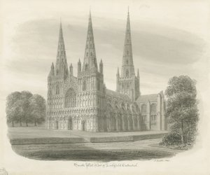 Lichfieldská katedrála - jihozápadní pohled: sépiová kresba od John Buckler