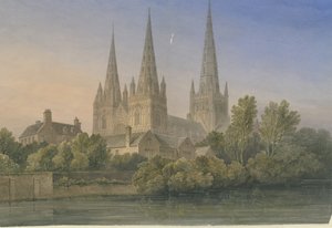 Katedrála Lichfield - South West View: malba akvarelem, 1839 od John Buckler