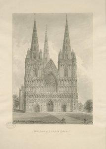 Katedrála Lichfield - Západní fronta: kresba v sépii, 1806 od John Buckler