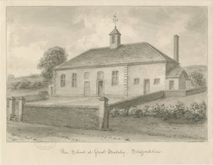 Madeley - Free School: kresba v sépii, 1840 od John Buckler