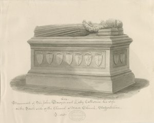 Kostel Maer - Památník sira Johna Bowyera a lady Catherine: sépiová kresba, 1843 od John Buckler