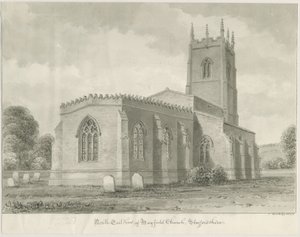 Mayfield Church: sépiová kresba, 1844 od John Buckler