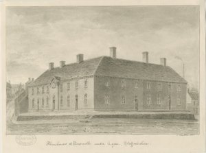 Newcastle-under-Lyme - Almshouses: sépiová kresba, 1840 od John Buckler