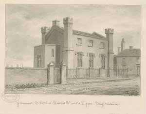 Newcastle-under-Lyme - Gymnázium: sépiová kresba, 1840 od John Buckler