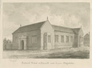 Newcastle-under-Lyme - National School: sépie lavírovaná kresba od John Buckler