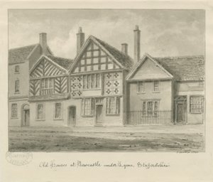 Newcastle-under-Lyme - Old Houses: sépiová kresba, 1840 od John Buckler