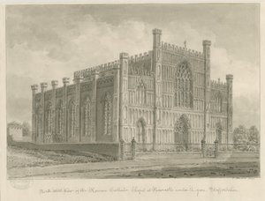Newcastle-under-Lyme - římskokatolická kaple: sépiová kresba, 1840 od John Buckler