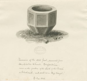 Old Font from Mucklestone Church: sépiová kresba, červen 1843 (kresba) od John Buckler