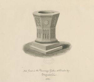Penkridge - Font in Parsonage Garden: sépiová kresba od John Buckler