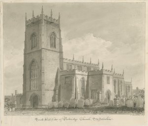 Penkridge Church: sépiová kresba, 1837 od John Buckler