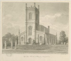 Rugeley Church (New): sépiová lavírovaná kresba od John Buckler