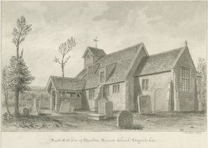 Rushton Spencer Church: sépiová lavírovaná kresba, 1844 od John Buckler