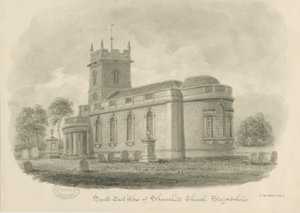 Kostel Shareshill: sépiová kresba, 1843 od John Buckler