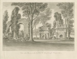 Shugborough - Ruiny v zahradě: sépiová kresba od John Buckler