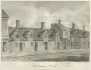 Stafford - Staré domy [v Eastgate Street]: sépiová kresba, 1844 od John Buckler
