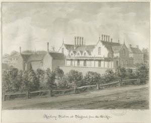 Stafford - Železniční stanice: sépiová kresba, 1844 od John Buckler