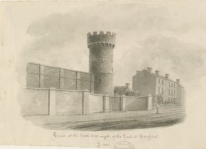 Stafford - Kulatá věž věznice: sépiová kresba, 1843 od John Buckler