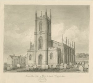 Kostel Stoke-upon-Trent [Nové]: sépiová kresba od John Buckler
