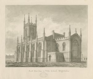 Kostel Stoke-upon-Trent [Nové]: sépiová kresba od John Buckler