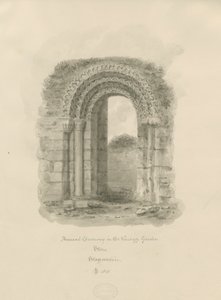 Kámen - starověká brána v zahradě fary: kresba sépie, 1841 od John Buckler
