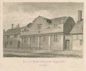 Tamworth - Gymnázium: kresba v sépii, 1838 od John Buckler