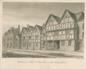 Tamworth - Staré domy v Church Street: sépiová kresba, 1838 od John Buckler