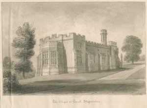 Tixall - Kaple v Tixall Hall: sépiová lavírovaná kresba od John Buckler
