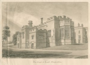 Tixall - Kaple v Tixall Hall: sépiová kresba, 1841 od John Buckler