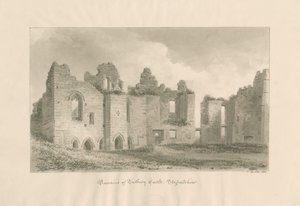 Hrad Tutbury - Pozůstatky z vnitřního nádvoří: sépiová kresba, 1812 od John Buckler