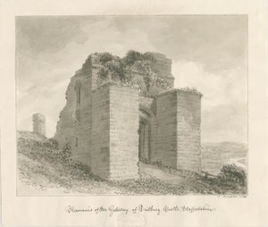 Hrad Tutbury - Pozůstatky brány: sépiová kresba od John Buckler