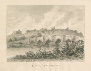 Tutbury Castle, Church and Bridge: sépie lavírovaná kresba od John Buckler