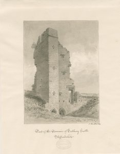 Hrad Tutbury: sépiová lavírovaná kresba od John Buckler