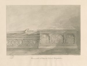 Uttoxeter Church - Hrobky Thomase Kinnersleyho a ženy: sépiová lavírovaná kresba od John Buckler