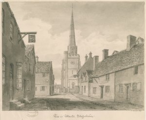 Uttoxeter Town - Street View: sépiová kresba od John Buckler