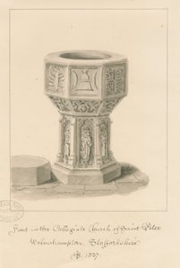 Wolverhampton - Font v kostele svatého Petra: sépiová kresba, 1837 od John Buckler