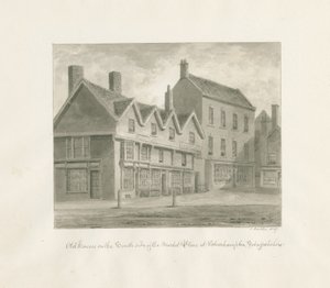 Wolverhampton - Staré domy na jižní straně tržiště: sépiová kresba, 1847 od John Buckler