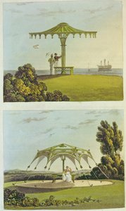 Dvě zdobená krytá zahradní sedadla z „Repository of Arts“, od Ackermanna, 1822