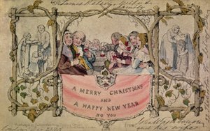 Vánoční přání, příklad prvního známého použitého vánočního přání, 1843 (ručně kolorovaný akvarel na tisku) (originální návrh viz 14897)