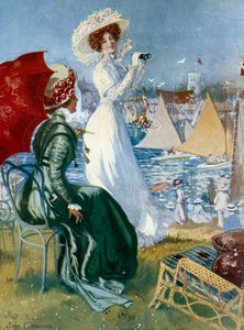Belle epoque: „Mladé ženy sledující regatey s dalekohledem““ Litografie Johna Camerona (20. století) Paříž, dekorativní umění