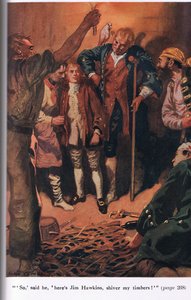 Tak řekl Tady je Jim Hawkins, chvěj moje trámy, ilustrace z „Ostrovu pokladů“ od Roberta Louise Stevensona