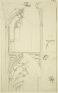 Podrobnosti o kružbě oken Clerestory a klenutí uličky níže, v St Mary Redcliffe (tužka a akvarel na papíře)
