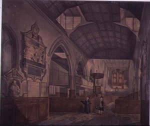 Vnitřní pohled na kostel St. Giles, Cripplegate, při pohledu na západ, ukazující pomník Constance Whitney