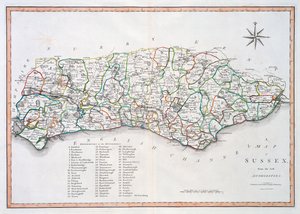 Mapa Sussexu, 26. března 1805 (ručně kolorovaná rytina)