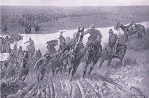 Dělostřelectvo brodící kaledon v Kareepoort Drift, ilustrace z After Pretoria: The Guerilla War, 1902 od John Charlton
