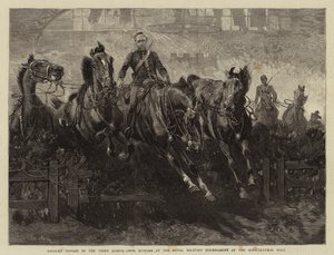 Jezdecká přehlídka třetími (královskými vlastními) husary na Královském vojenském turnaji v zemědělské hale