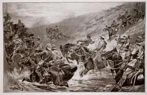 The Dash for Kimberley - The 10th Hussars Crossing Klip Drift, podle náčrtu G. D. Gilese (fl. 1890) od John Charlton