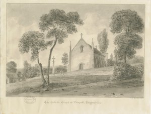 Cresswell - Katolická kaple Draycott-in-the-Moors: sépiová kresba, 1841 od John Chessell Buckler